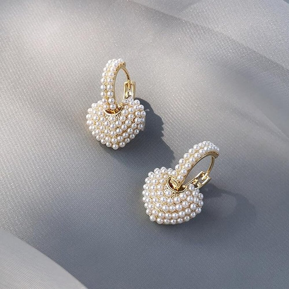 18K Gold Plated Pearl Hanging Heart Huggie Hoop Earrings